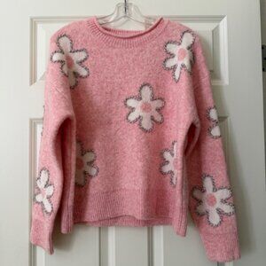 BiBi brand Pink with White Flowers Crewneck Sweater for Women - Size Small